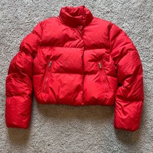 Athleta Bold Red Cropped Down Puffer Jacket Small